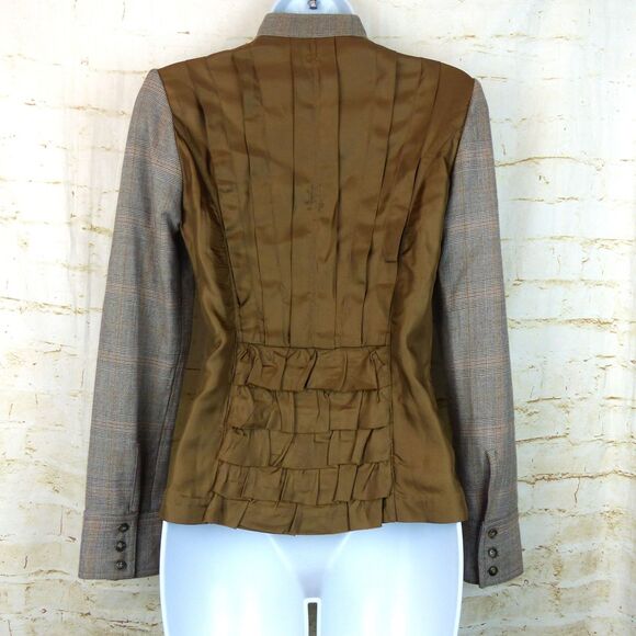 Free People Jacket Size 2 Brown Plaid Wool Button Pin Tuck Ruffle Back Military - Picture 2 of 13